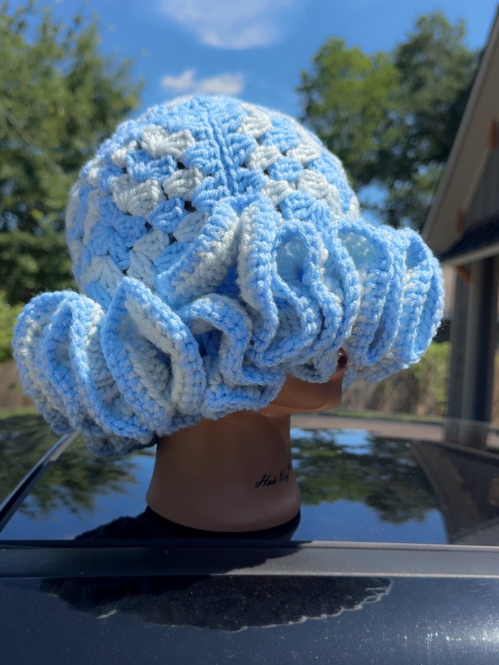 Handmade Chunky Crochet Ruffled Beanie - Blue & White
